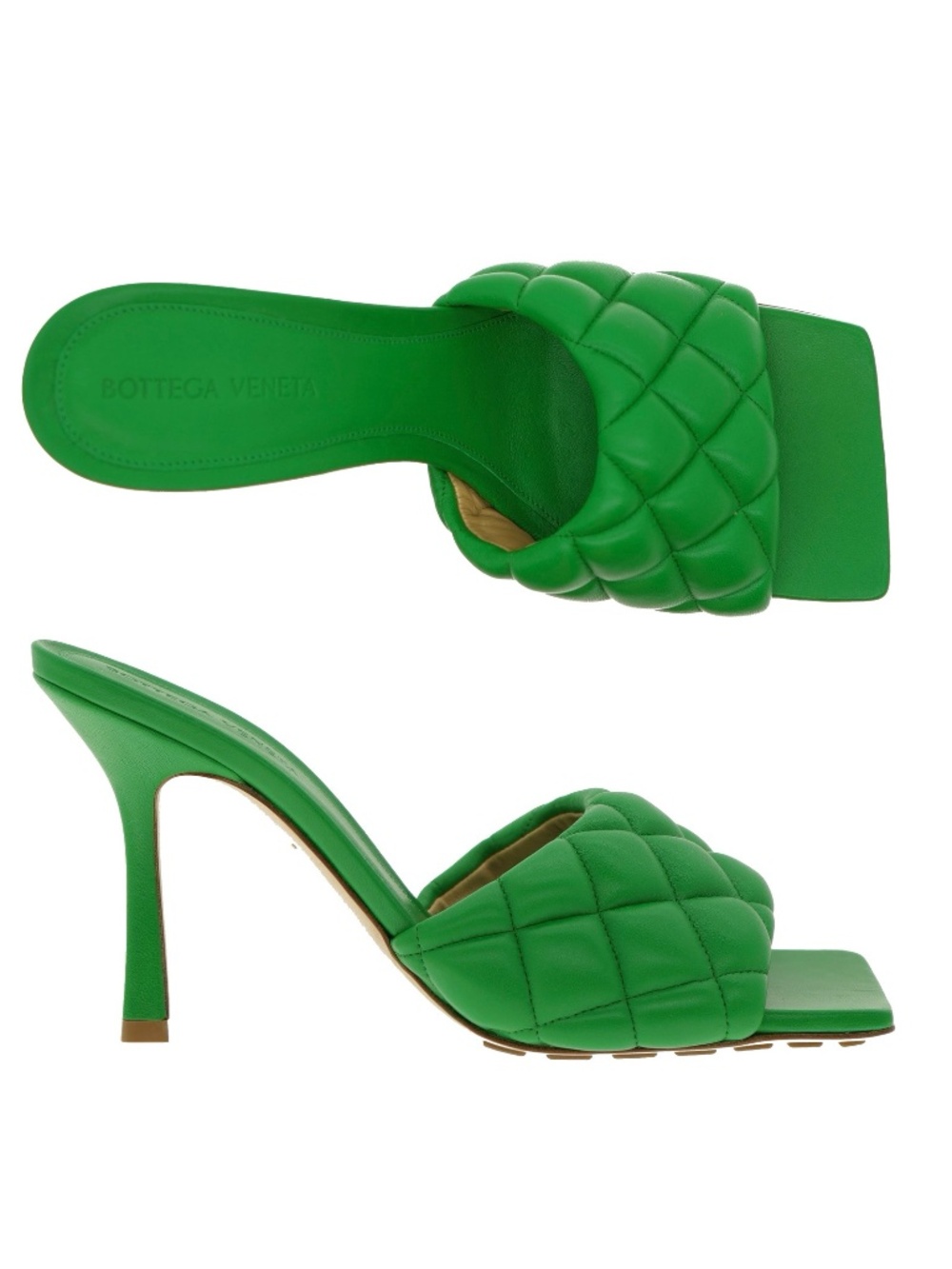 Bottega Veneta Padded Quilted Heeled Sandals Green Nappa Leather Size 37 New
